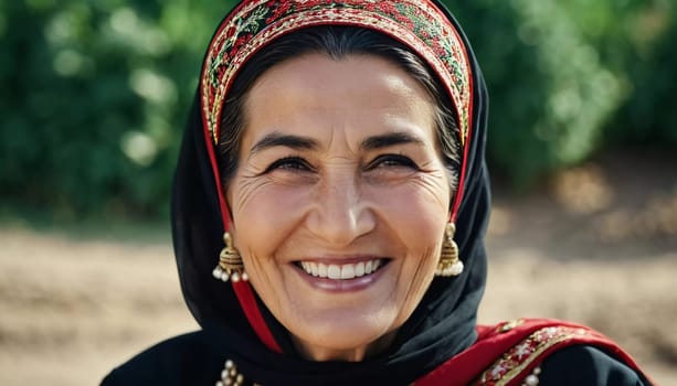 A mature Tajik woman 75 years old smiles showcasing intricate traditional attire and rich cultural heritage of her nationality, evoking wisdom and grace. Brunette woman, wearing a headscarf. AI.