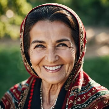 A mature Tajik woman 75 years old smiles showcasing intricate traditional attire and rich cultural heritage of her nationality, evoking wisdom and grace. Brunette woman, wearing a headscarf. AI.