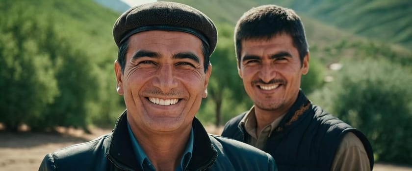 Two joyful Tajik men 45 years old dressed in traditional clothing beam with a bright smile against stunning backdrop, exuding warmth and happiness. Residents of Tajikistan. Generated by AI.