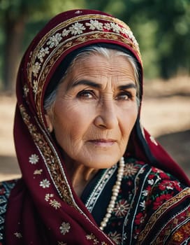 A mature Tajik woman 75 years old, gazes directly showcasing intricate traditional attire, rich cultural heritage of her nationality, evoking wisdom and grace. Brunette woman, wearing a headscarf. AI