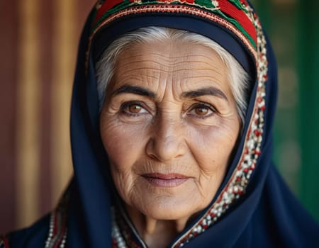 A mature Tajik woman 75 years old, gazes directly showcasing intricate traditional attire, rich cultural heritage of her nationality, evoking wisdom and grace. Brunette woman, wearing a headscarf. AI