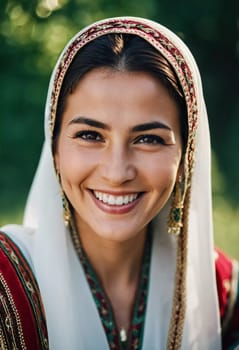 A Tajik woman 30 years old stands gracefully, showcasing her traditional attire against a breathtaking backdrop of defocused lush greenery, reflecting her cultural roots. Generated by AI.