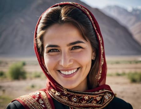 A Tajik woman 30 years old stands gracefully, showcasing her traditional attire against a breathtaking backdrop of mountains and lush green fields, reflecting her cultural roots. Generated by AI.