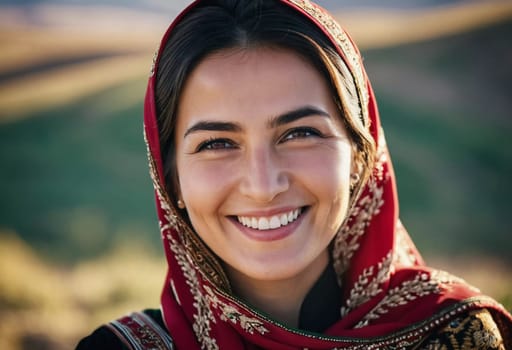 A Tajik woman 30 years old stands gracefully, showcasing her traditional attire against a breathtaking backdrop of mountains and lush green fields, reflecting her cultural roots. Generated by AI.