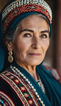 A mature Tajik woman 75 years old, gazes directly showcasing intricate traditional attire, rich cultural heritage of her nationality, evoking wisdom and grace. Brunette woman, wearing a headscarf. AI