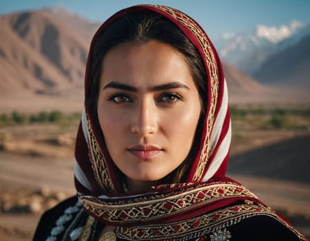 A Tajik woman 30 years old stands gracefully, showcasing her traditional attire against a breathtaking backdrop of mountains and lush green fields, reflecting her cultural roots. Generated by AI.