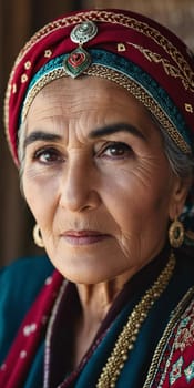 A mature Tajik woman 75 years old, gazes directly showcasing intricate traditional attire, rich cultural heritage of her nationality, evoking wisdom and grace. Brunette woman, wearing a headscarf. AI
