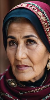 A mature Tajik woman 75 years old, gazes directly showcasing intricate traditional attire, rich cultural heritage of her nationality, evoking wisdom and grace. Brunette woman, wearing a headscarf. AI