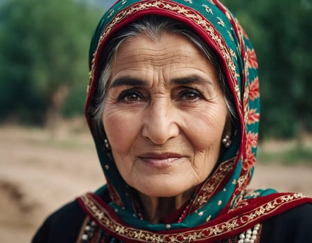 A mature Tajik woman 75 years old, gazes directly showcasing intricate traditional attire, rich cultural heritage of her nationality, evoking wisdom and grace. Brunette woman, wearing a headscarf. AI