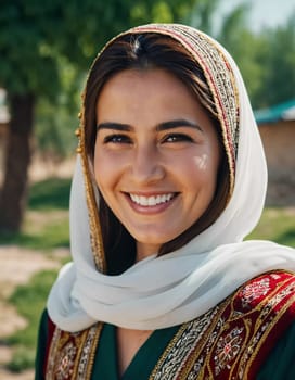 A Tajik woman 30 years old stands gracefully, showcasing her traditional attire against a breathtaking backdrop of defocused lush greenery, reflecting her cultural roots. Generated by AI.