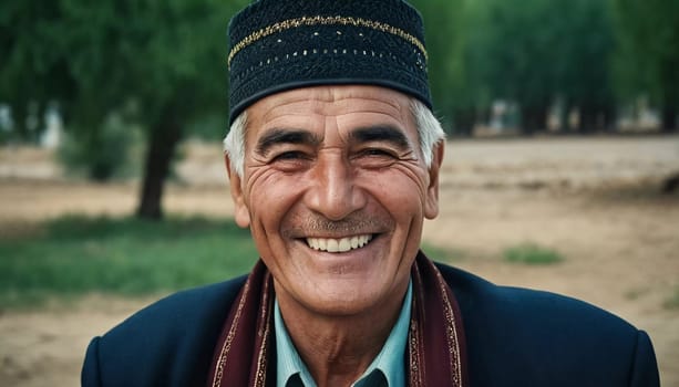 A joyful Tajik man 75 years old wearing traditional clothing stands outdoors with a broad smile against a natural backdrop on a sunny day. A resident of Tajikistan smiles. Generated by AI