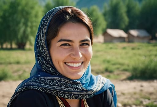 A Tajik woman 30 years old stands gracefully, showcasing her traditional attire against a breathtaking backdrop of mountains and lush green fields, reflecting her cultural roots. Generated by AI.