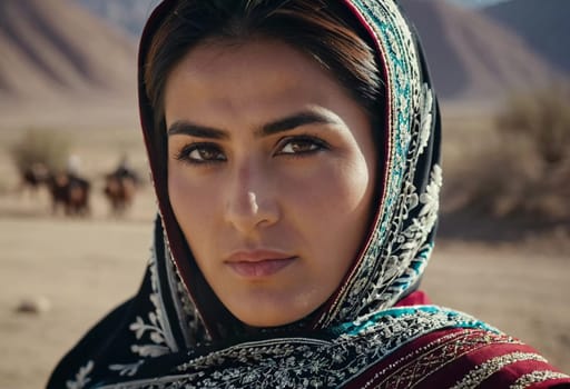 A Tajik woman 30 years old stands gracefully, showcasing her traditional attire against a breathtaking backdrop of mountains and lush green fields, reflecting her cultural roots. Generated by AI.