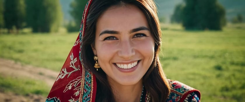 A Tajik woman 30 years old stands gracefully, showcasing her traditional attire against a breathtaking backdrop of mountains and lush green fields, reflecting her cultural roots. Generated by AI.