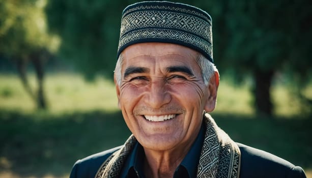 A joyful Tajik man 75 years old wearing traditional clothing stands outdoors with a broad smile against a natural backdrop on a sunny day. A resident of Tajikistan smiles. Generated by AI
