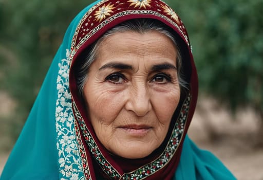 A mature Tajik woman 75 years old, gazes directly showcasing intricate traditional attire, rich cultural heritage of her nationality, evoking wisdom and grace. Brunette woman, wearing a headscarf. AI