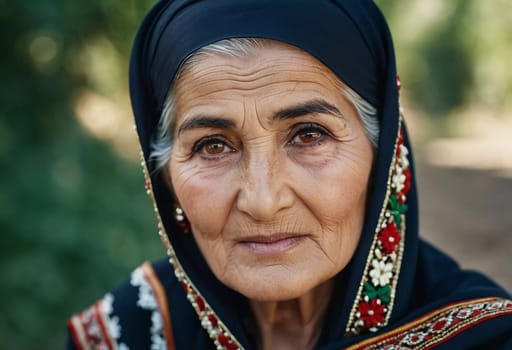 A mature Tajik woman 75 years old, gazes directly showcasing intricate traditional attire, rich cultural heritage of her nationality, evoking wisdom and grace. Brunette woman, wearing a headscarf. AI