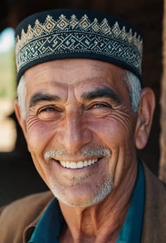 A joyful Tajik man 75 years old wearing traditional clothing stands outdoors with a broad smile against a natural backdrop on a sunny day. A resident of Tajikistan smiles. Generated by AI