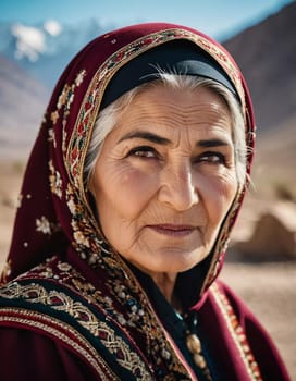 A mature Tajik woman 75 years old, gazes directly showcasing intricate traditional attire, rich cultural heritage of her nationality, evoking wisdom and grace. Brunette woman, wearing a headscarf. AI