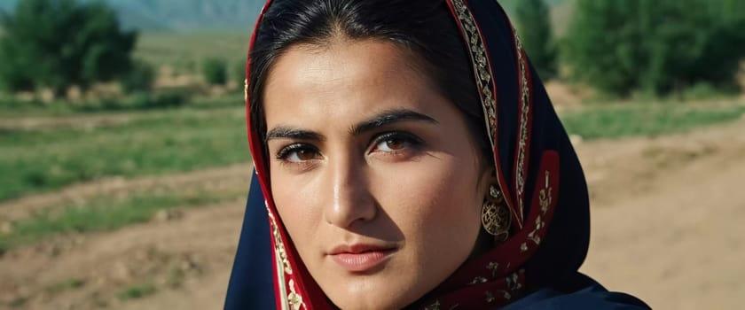 A Tajik woman 30 years old stands gracefully, showcasing her traditional attire against a breathtaking backdrop of mountains and lush green fields, reflecting her cultural roots. Generated by AI.