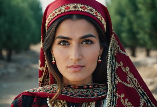 A Tajik woman 30 years old stands gracefully, showcasing her traditional attire against a breathtaking backdrop of mountains and lush green fields, reflecting her cultural roots. Generated by AI.