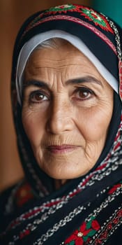 A mature Tajik woman 75 years old, gazes directly showcasing intricate traditional attire, rich cultural heritage of her nationality, evoking wisdom and grace. Brunette woman, wearing a headscarf. AI
