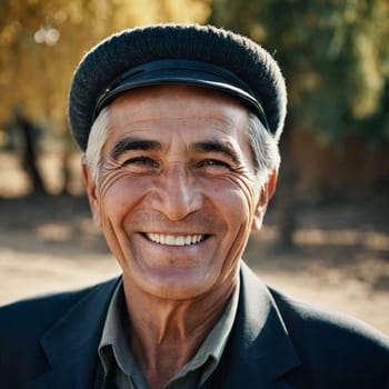 A joyful Tajik man 75 years old wearing traditional clothing stands outdoors with a broad smile against a natural backdrop on a sunny day. A resident of Tajikistan smiles. Generated by AI