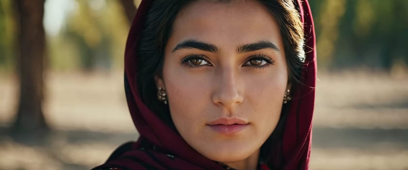 A Tajik woman 30 years old stands gracefully, showcasing her traditional attire against a breathtaking backdrop of defocused lush greenery, reflecting her cultural roots. Generated by AI.