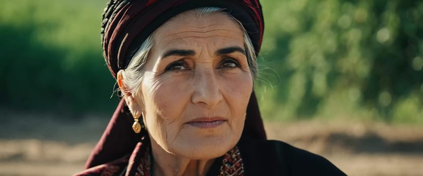 A mature Tajik woman 75 years old, gazes directly showcasing intricate traditional attire, rich cultural heritage of her nationality, evoking wisdom and grace. Brunette woman, wearing a headscarf. AI