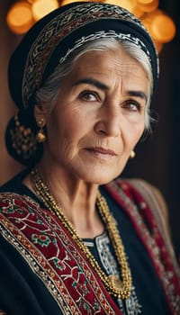 A mature Tajik woman 75 years old, gazes directly showcasing intricate traditional attire, rich cultural heritage of her nationality, evoking wisdom and grace. Brunette woman, wearing a headscarf. AI