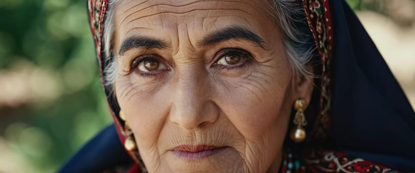 A mature Tajik woman 75 years old, gazes directly showcasing intricate traditional attire, rich cultural heritage of her nationality, evoking wisdom and grace. Brunette woman, wearing a headscarf. AI
