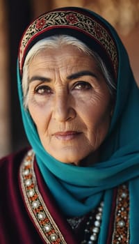 A mature Tajik woman 75 years old, gazes directly showcasing intricate traditional attire, rich cultural heritage of her nationality, evoking wisdom and grace. Brunette woman, wearing a headscarf. AI