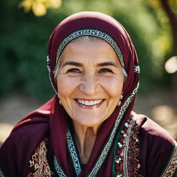 A mature Tajik woman 75 years old smiles showcasing intricate traditional attire and rich cultural heritage of her nationality, evoking wisdom and grace. Brunette woman, wearing a headscarf. AI.