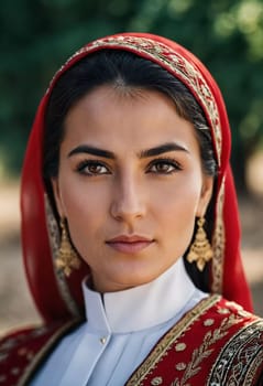 A Tajik woman 30 years old stands gracefully, showcasing her traditional attire against a breathtaking backdrop of defocused lush greenery, reflecting her cultural roots. Generated by AI.