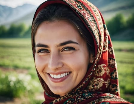 A Tajik woman 30 years old stands gracefully, showcasing her traditional attire against a breathtaking backdrop of mountains and lush green fields, reflecting her cultural roots. Generated by AI.