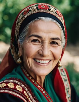 A mature Tajik woman 75 years old smiles showcasing intricate traditional attire and rich cultural heritage of her nationality, evoking wisdom and grace. Brunette woman, wearing a headscarf. AI.