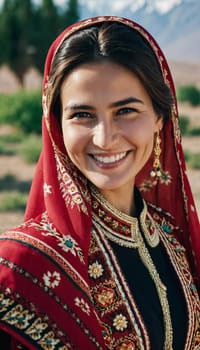 A Tajik woman 30 years old stands gracefully, showcasing her traditional attire against a breathtaking backdrop of mountains and lush green fields, reflecting her cultural roots. Generated by AI.