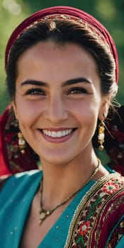 A Tajik woman 30 years old stands gracefully, showcasing her traditional attire against a breathtaking backdrop of defocused lush greenery, reflecting her cultural roots. Generated by AI.