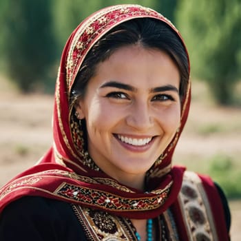A Tajik woman 30 years old stands gracefully, showcasing her traditional attire against a breathtaking backdrop of defocused lush greenery, reflecting her cultural roots. Generated by AI.