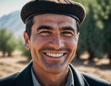 A joyful Tajik man 45 years old dressed in traditional clothing beams with a bright smile against a stunning backdrop, exuding warmth and happiness. A resident of Tajikistan. Generated by AI.