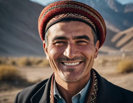 A joyful Tajik man 45 years old dressed in traditional clothing beams with a bright smile against a stunning backdrop, exuding warmth and happiness. A resident of Tajikistan. Generated by AI.