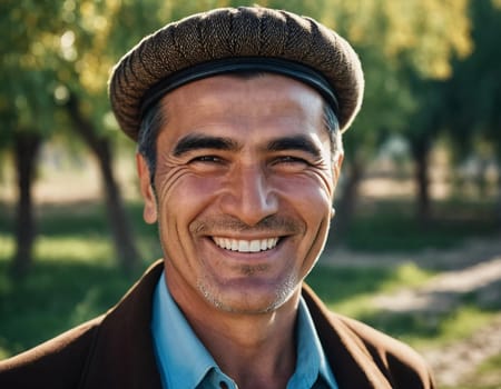 A joyful Tajik man 45 years old dressed in traditional clothing beams with a bright smile against a stunning backdrop, exuding warmth and happiness. A resident of Tajikistan. Generated by AI.
