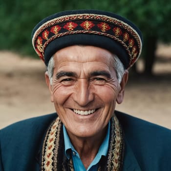 A joyful Tajik man 75 years old wearing traditional clothing stands outdoors with a broad smile against a natural backdrop on a sunny day. A resident of Tajikistan smiles. Generated by AI