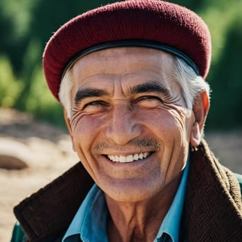 A joyful Tajik man 75 years old wearing traditional clothing stands outdoors with a broad smile against a natural backdrop on a sunny day. A resident of Tajikistan smiles. Generated by AI