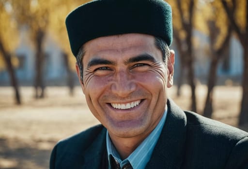 A joyful Tajik man 45 years old dressed in traditional clothing beams with a bright smile against a stunning backdrop, exuding warmth and happiness. A resident of Tajikistan. Generated by AI.