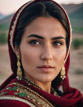 A Tajik woman 30 years old stands gracefully, showcasing her traditional attire against a breathtaking backdrop of mountains and lush green fields, reflecting her cultural roots. Generated by AI.