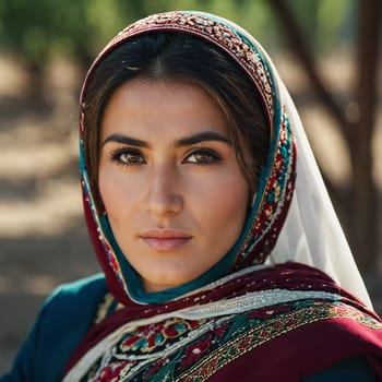 A Tajik woman 30 years old stands gracefully, showcasing her traditional attire against a breathtaking backdrop of mountains and lush green fields, reflecting her cultural roots. Generated by AI.