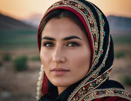 A Tajik woman 30 years old stands gracefully, showcasing her traditional attire against a breathtaking backdrop of mountains and lush green fields, reflecting her cultural roots. Generated by AI.