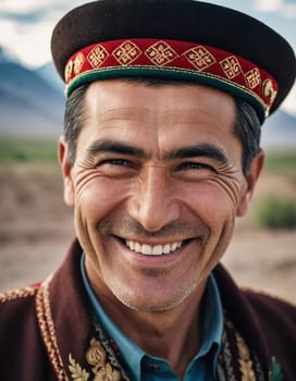 A joyful Tajik man 45 years old dressed in traditional clothing beams with a bright smile against a stunning backdrop, exuding warmth and happiness. A resident of Tajikistan. Generated by AI.