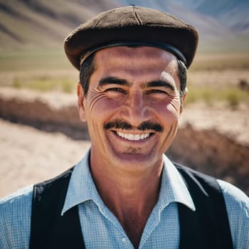 A joyful Tajik man 45 years old dressed in traditional clothing beams with a bright smile against a stunning backdrop, exuding warmth and happiness. A resident of Tajikistan. Generated by AI.